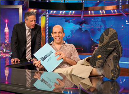 J.R. Havlan '87 with his "Daily Show" boss, Jon Stewart (By: Jesse Cantley)